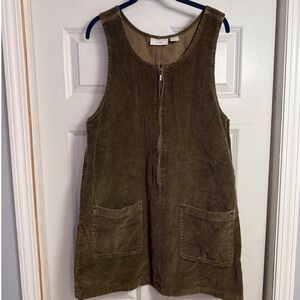 Vtg corduroy jumper Christopher & Banks Olive Green Zip Front Dress Size‎ M